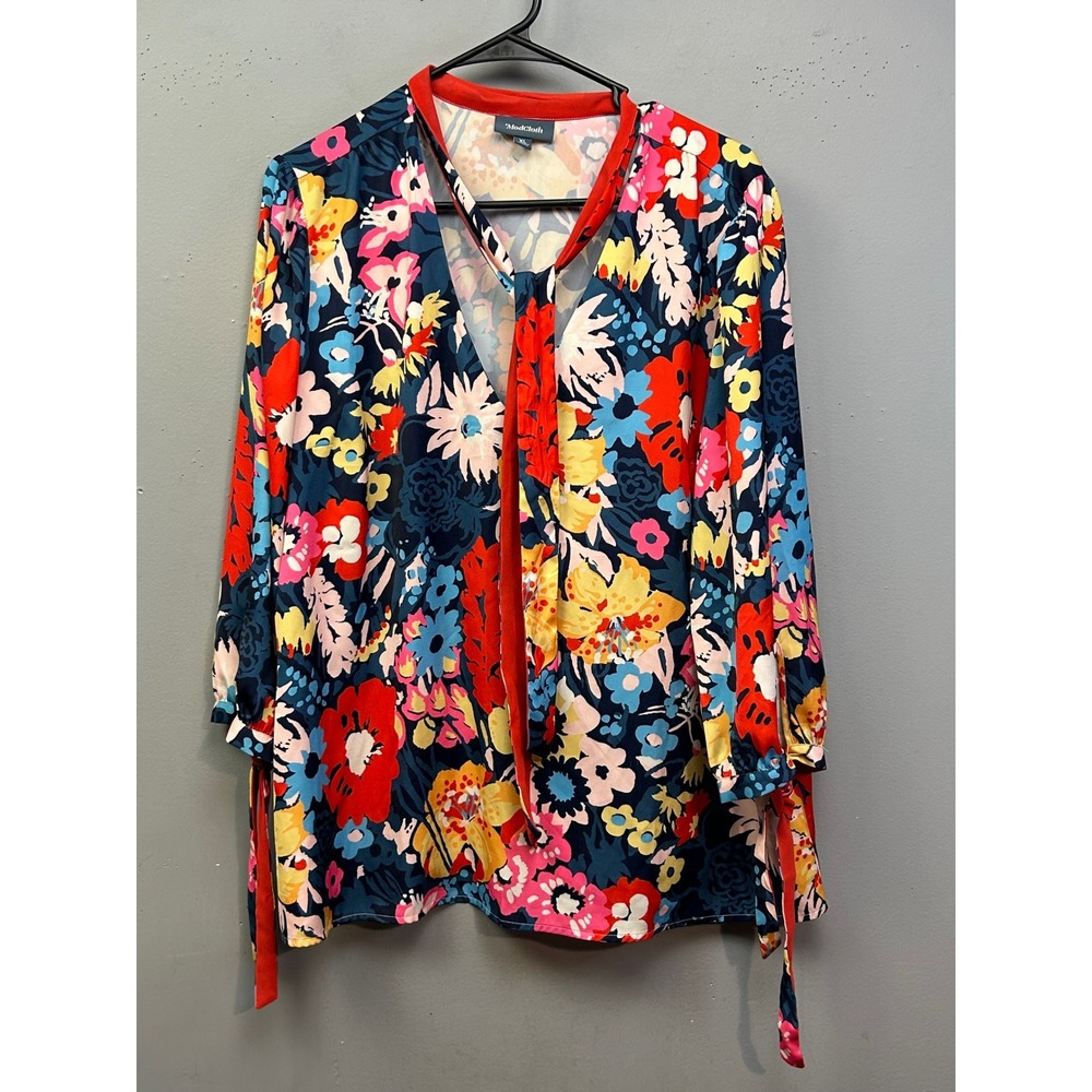 ModCloth Blouse Womens XL Multicolor Floral Bow Tie Neck Split Cuff Retro